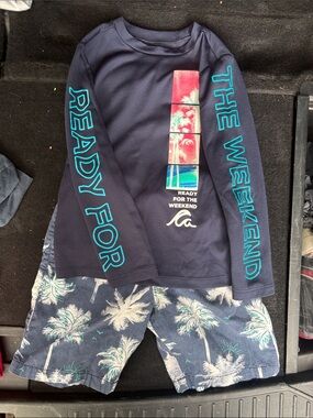 Boys Rash Guard Set with Teal Accents and Palm Tree Swim Bottoms